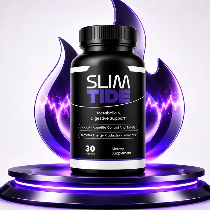 SlimTide bottle with key features: supports metabolism, steady energy, natural ingredients